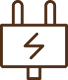 A simple brown icon of an electrical plug with a lightning bolt symbol in the center, indicating electricity or power.