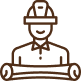 Line drawing of a person wearing a hard hat and holding a rolled-up blueprint, representing an architect or construction worker.