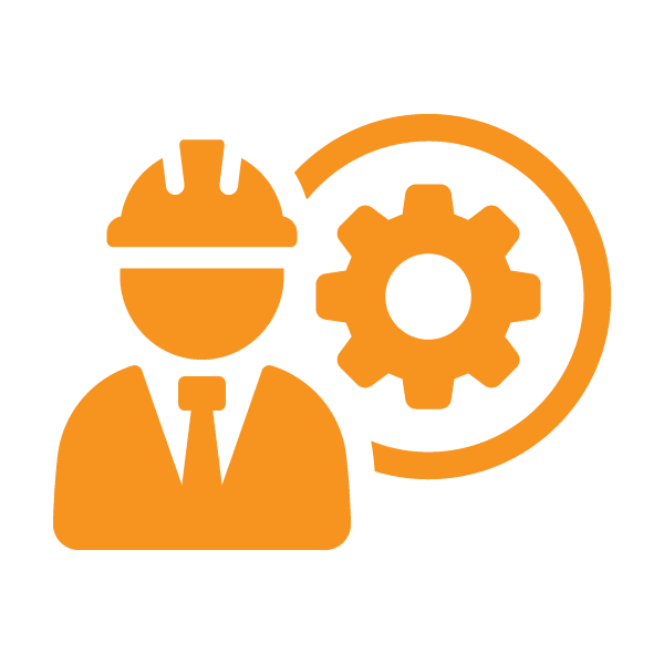Orange icon of a person wearing a hard hat and tie next to a gear, symbolizing engineering or technical management.