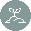 White line drawing of a sprouting plant in soil, centered on a muted blue-gray circular background.