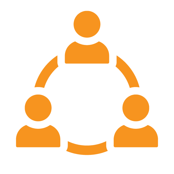 Three orange person icons connected by curved lines in a triangular arrangement, symbolizing teamwork or collaboration.