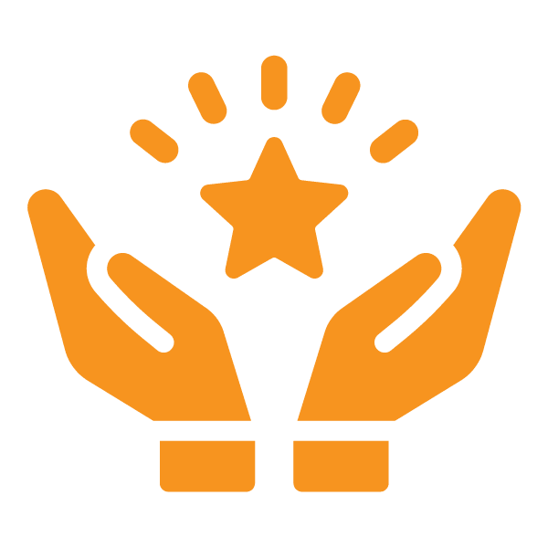 Two orange hands are open and facing upward with a star and small lines above them, symbolizing care, achievement, or recognition.