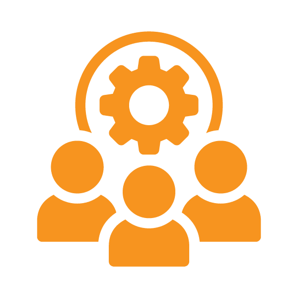Three orange human figures in front of a gear icon, representing teamwork, collaboration, or group settings.