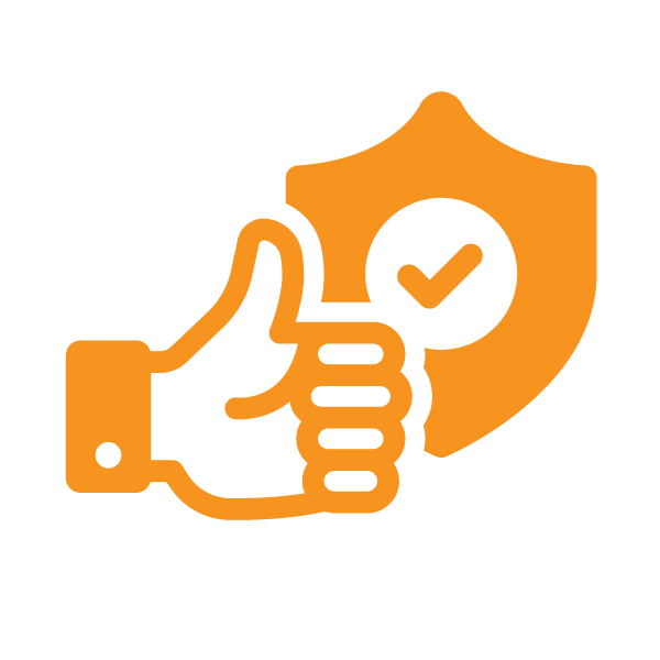 Orange icon showing a thumbs-up in front of a shield with a check mark, symbolizing approval and security.