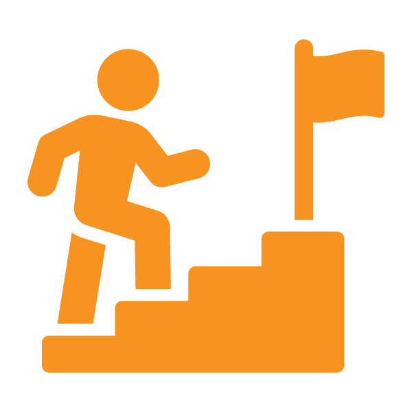 An orange icon of a person climbing stairs toward a flag, symbolizing progress or achieving a goal.