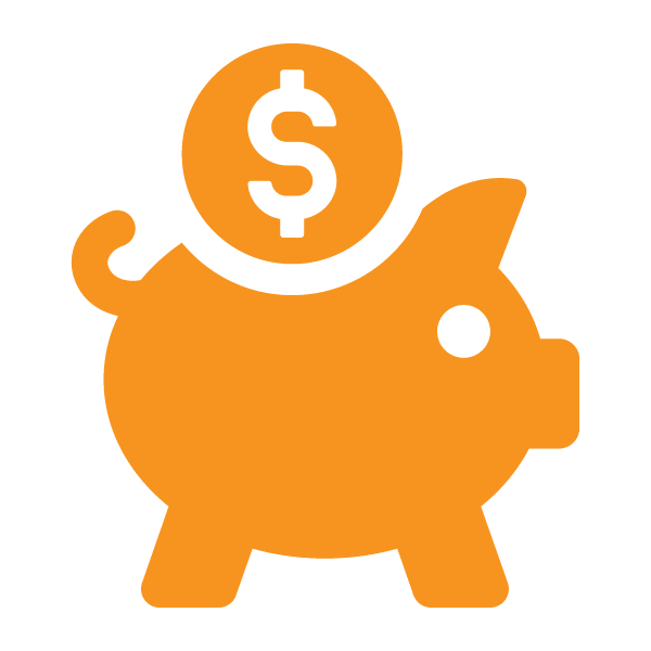 Orange icon of a piggy bank with a coin featuring a dollar sign being inserted into the slot on its back.