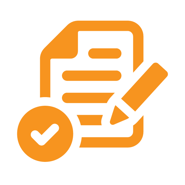 Orange icon showing a document with lines of text, a pencil, and a checkmark in a circle, representing completion or approval of written work.