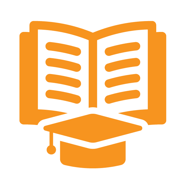 Orange icon of an open book with visible pages above a graduation cap, symbolizing education and learning.